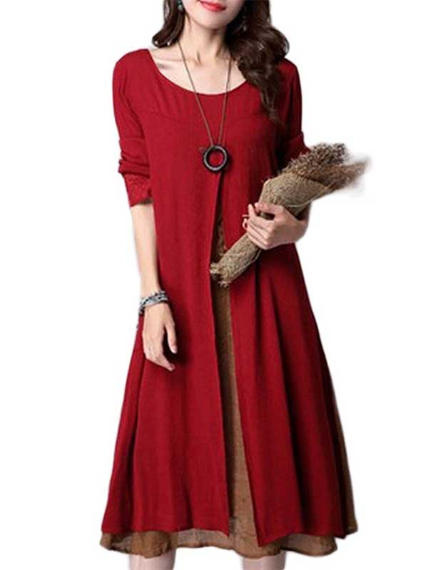 Gracila Vintage Long Sleeve Fake Two Pieces Cotton Literary Dress